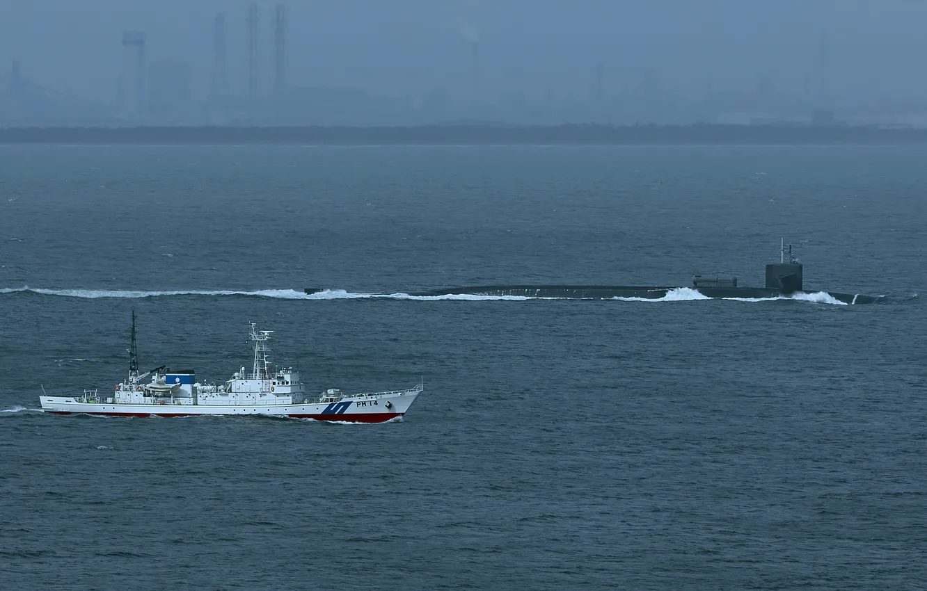 Фото обои субмарина, USS Michigan, патрульный корабль, JCG Takatori, PM 14, SSGN-727
