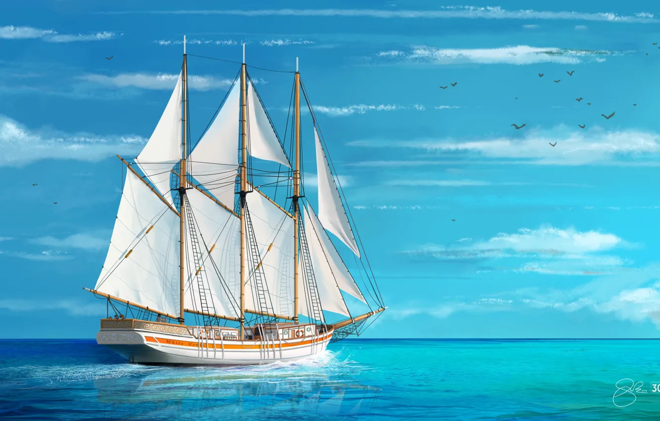 Фото обои Море, Рисунок, Корабль, Парусник, Арт, Ship, Schooner, Shellz - art