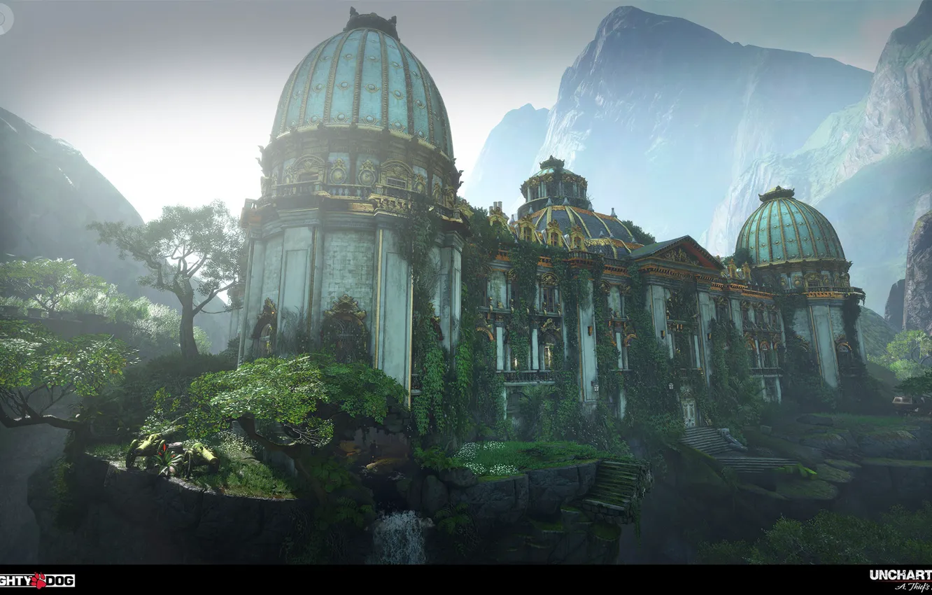 Фото обои горы, обрыв, здание, Uncharted 4, Averys Palace
