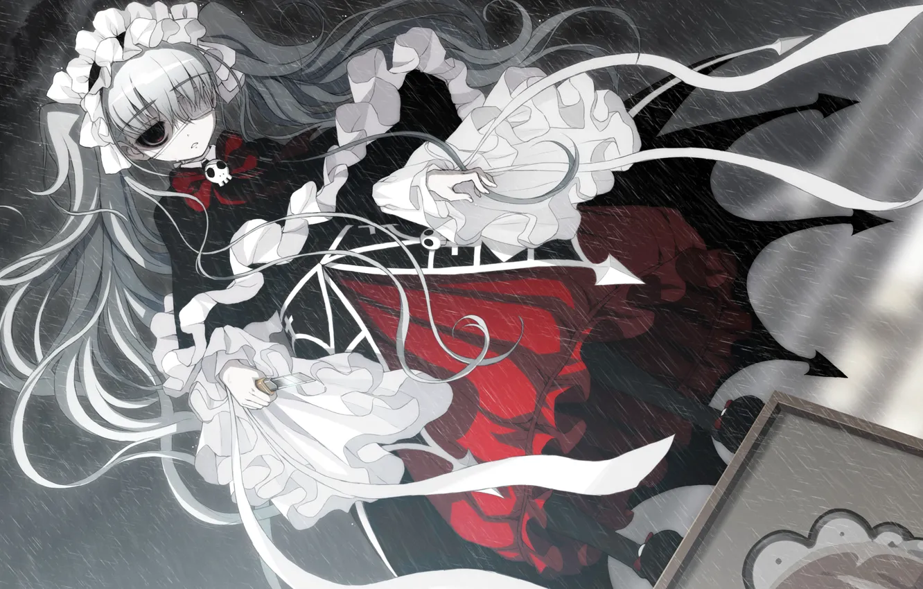 Фото обои нож, демонесса, ливень, повязка на глаз, nooko, santa tsuji, axanael