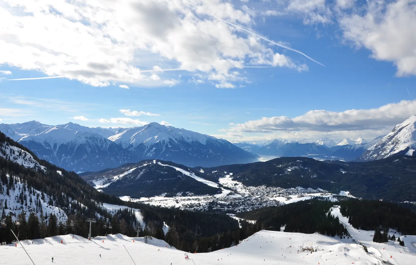 Фото обои снег, горы, город, Австрия, mountains, snow, Austria, Тироль