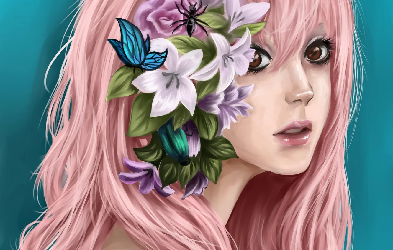Фото обои девушка, цветы, жук, арт, розовые волосы