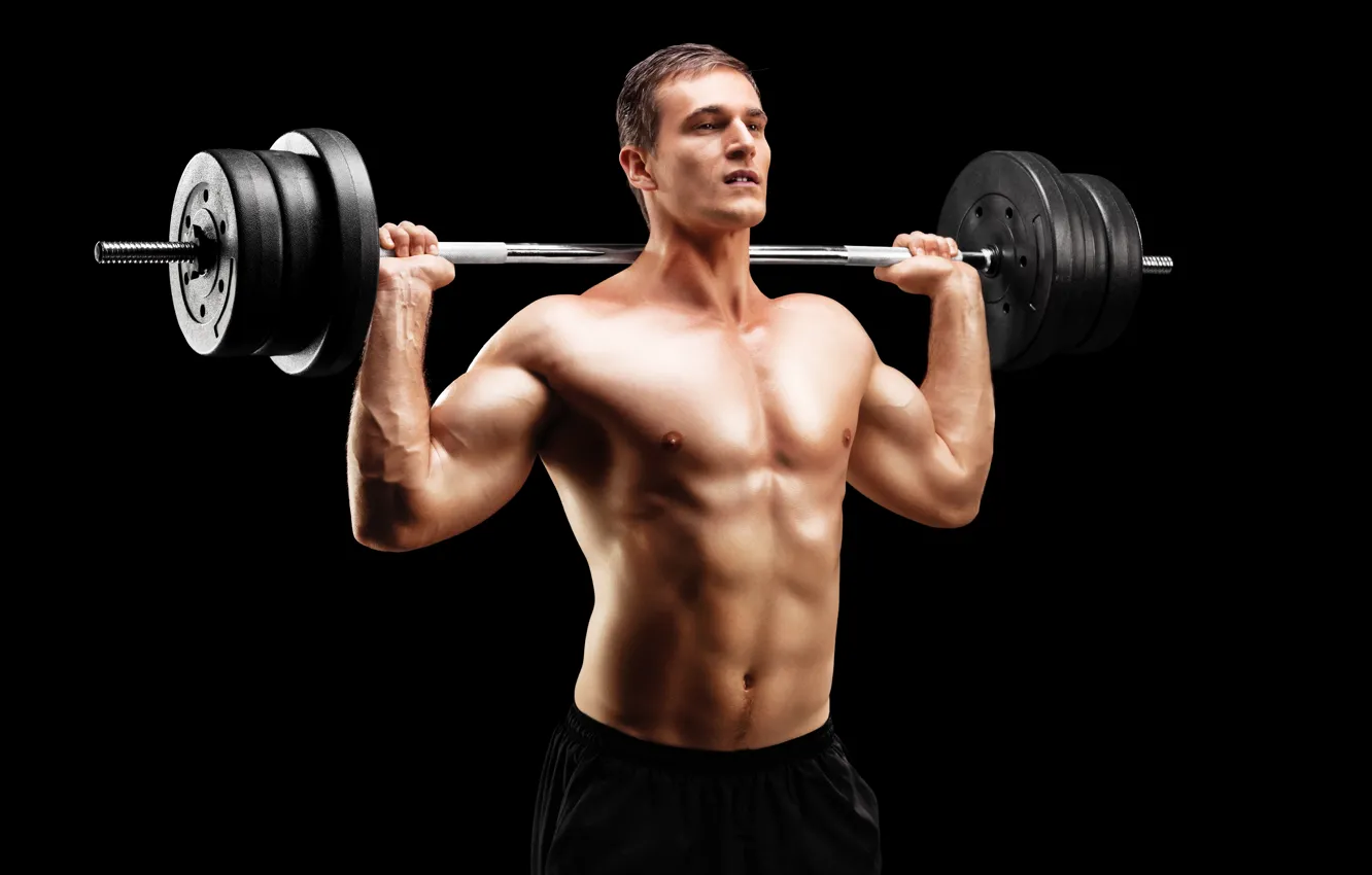 Фото обои поза, фигура, muscle, мышцы, штанга, фон black, пресс, бодибилдер