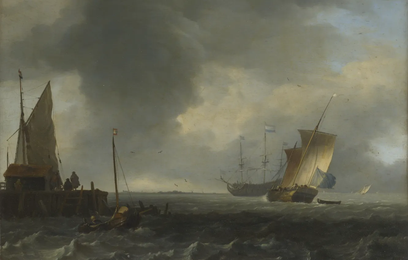 Фото обои пейзаж, корабль, картина, парус, Людольф Бакхёйзен, Ludolf Bakhuizen, Вид на Реку возле Дордрехта