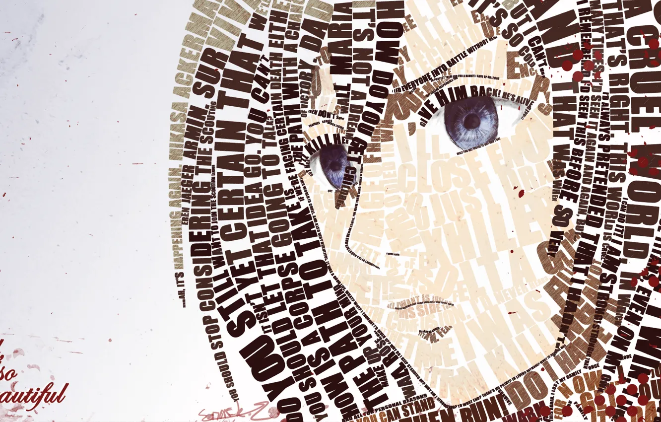 Фото обои взгляд, девушка, лицо, надписи, аниме, Mikasa Ackerman
