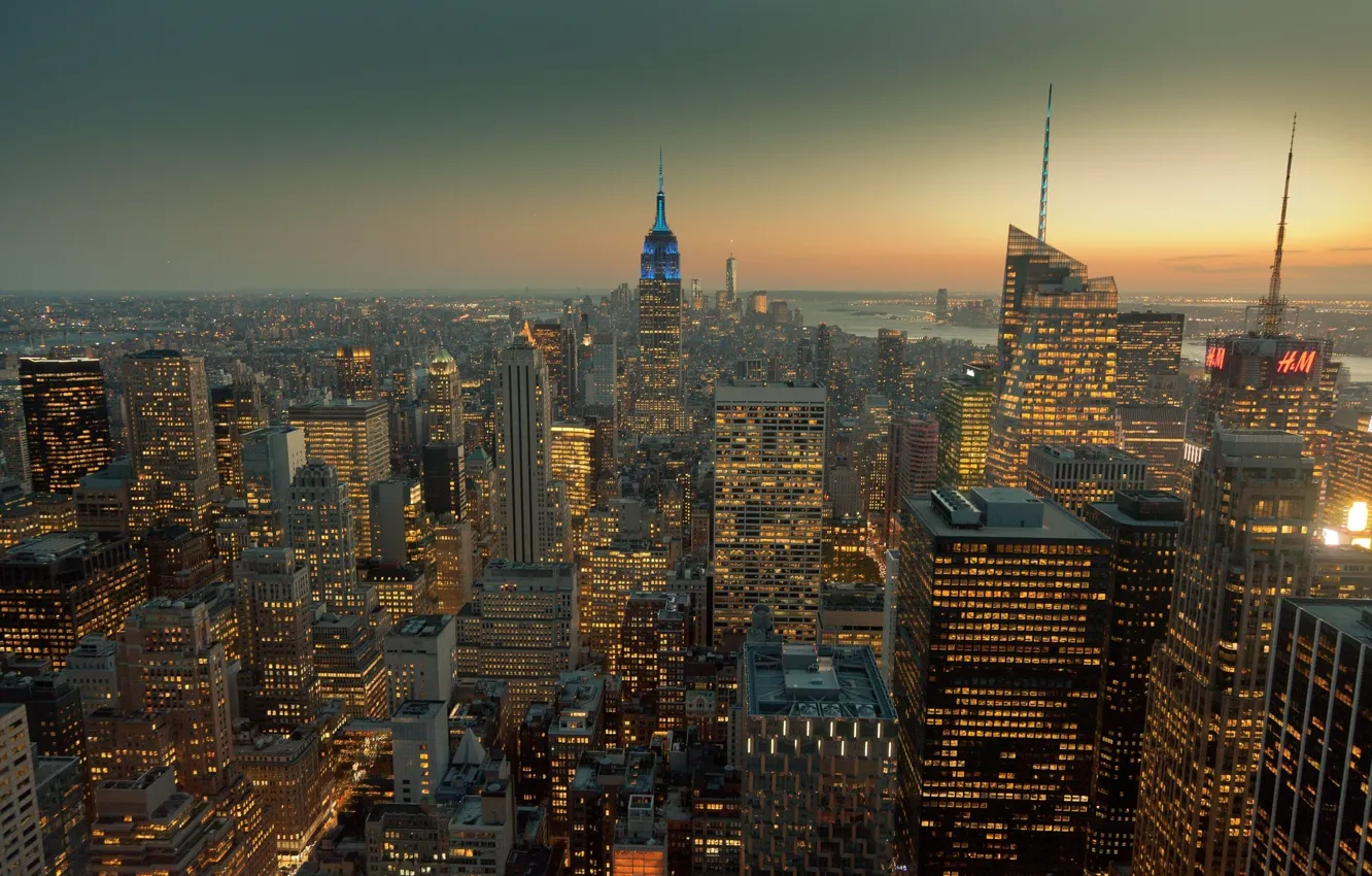 Фото обои city, lights, USA, skyline, sunset, New York, Manhattan, NYC