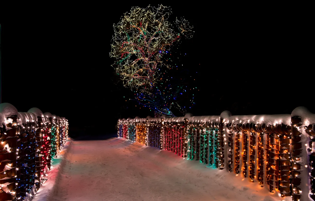Фото обои зима, снег, ночь, мост, lights, дерево, bridge, wood