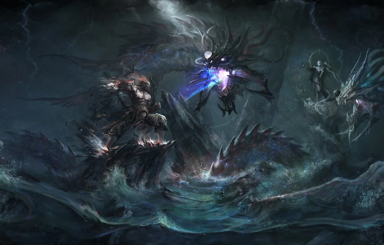 Фото обои вода, скалы, драконы, арт, цепь, монстры, битва, мрачно