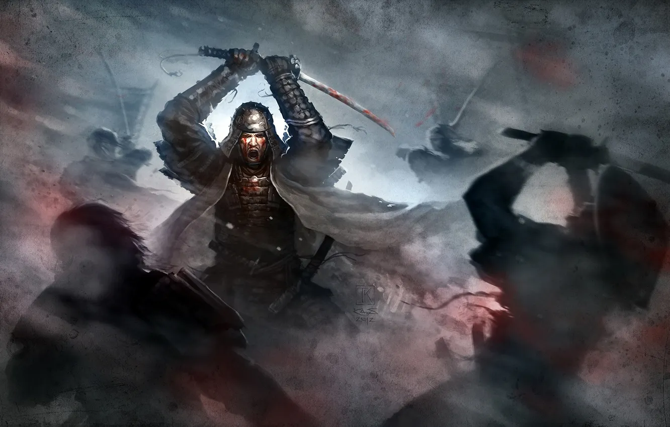Фото обои кровь, меч, катана, арт, ярость, самурай, броня, битва