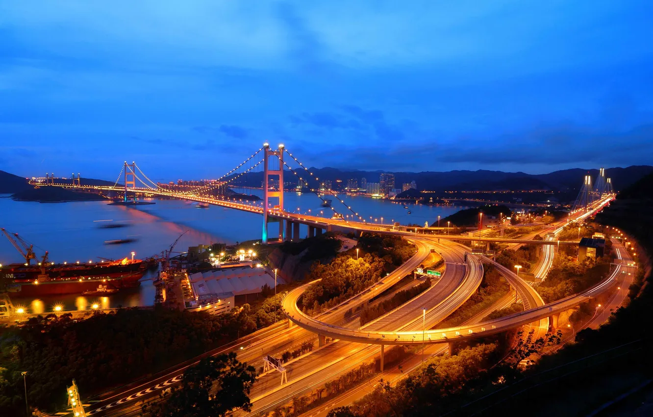 Фото обои небо, горы, ночь, мост, огни, гонг конг, Hong Kong, Tsing Ma Bridge