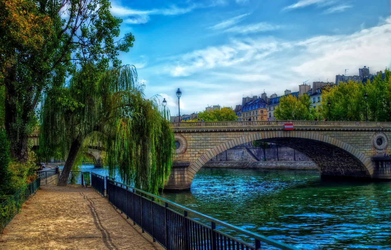Фото обои деревья, река, Франция, Париж, дома, фонари, канал, мосты