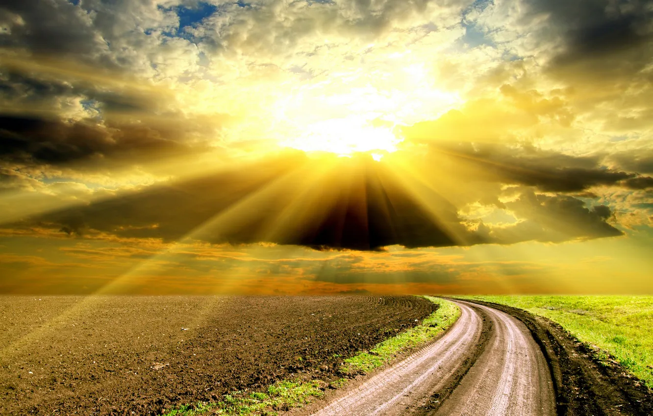 Фото обои дорога, поле, небо, солнце, облака, лучи, закат, тучи