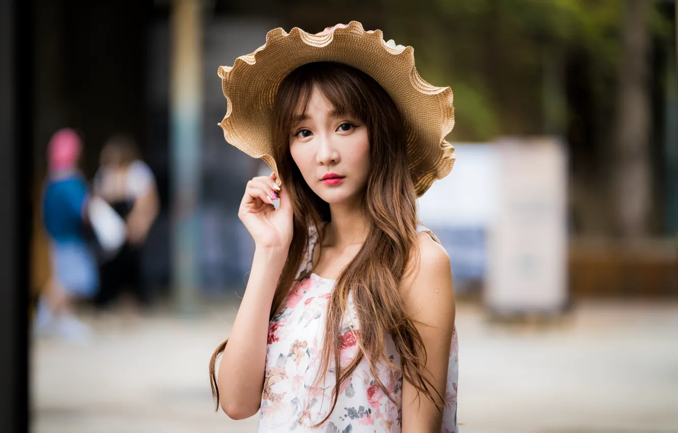 Фото обои взгляд, девушка, шляпа, азиатка, боке