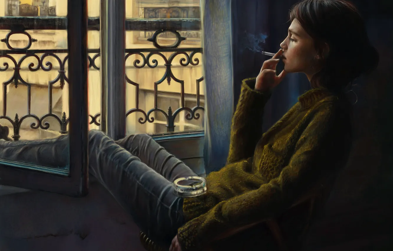 Фото обои девушка, окно, арт, сигарета, курит, пепельница
