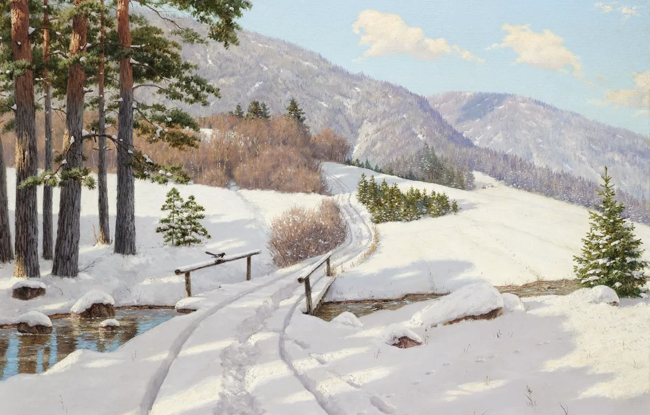 Фото обои зима, лес, снег, деревья, пейзаж, горы, мост, река