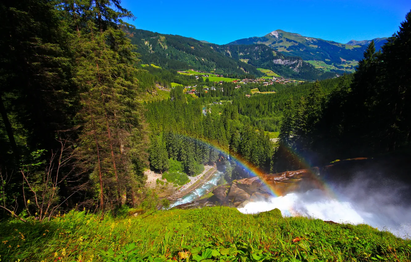 Фото обои лес, горы, радуга, Австрия, долина, деревня, панорама, Austria