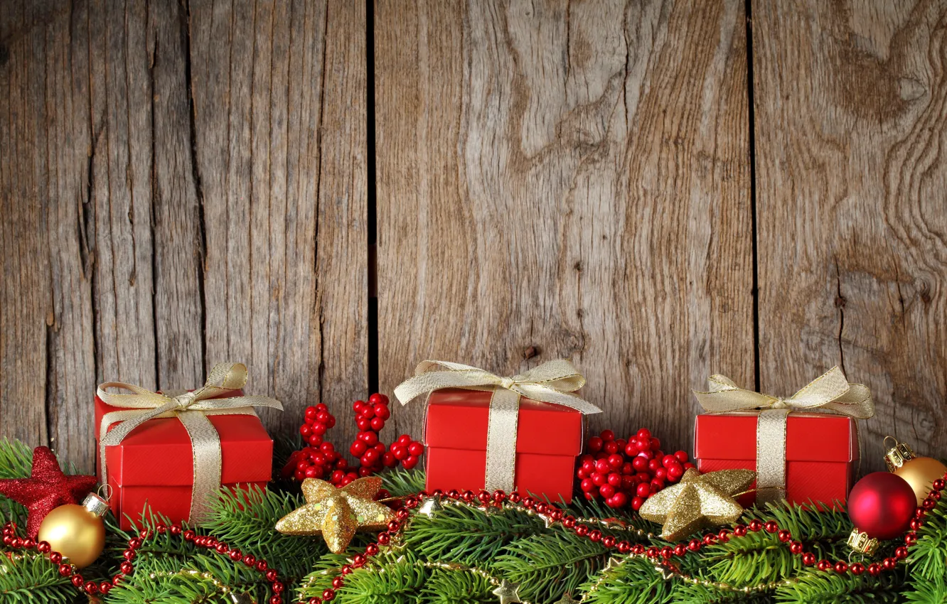 Фото обои украшения, ветки, подарок, шары, елка, Новый Год, Рождество, Christmas