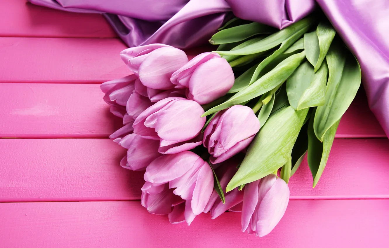 Фото обои цветы, букет, лента, тюльпаны, розовые, wood, pink, flowers