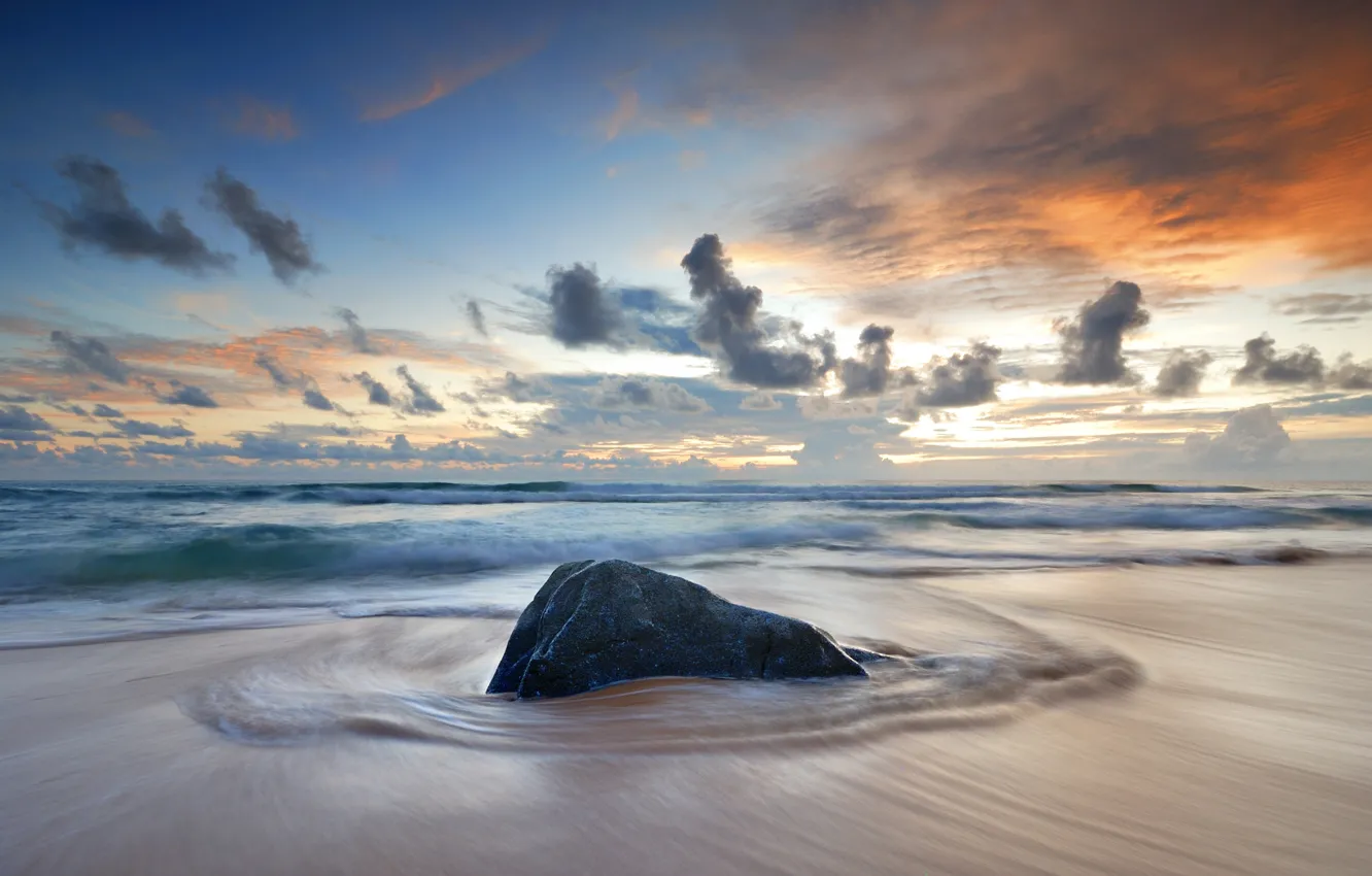 Фото обои песок, море, волны, пляж, лето, закат, камни, summer