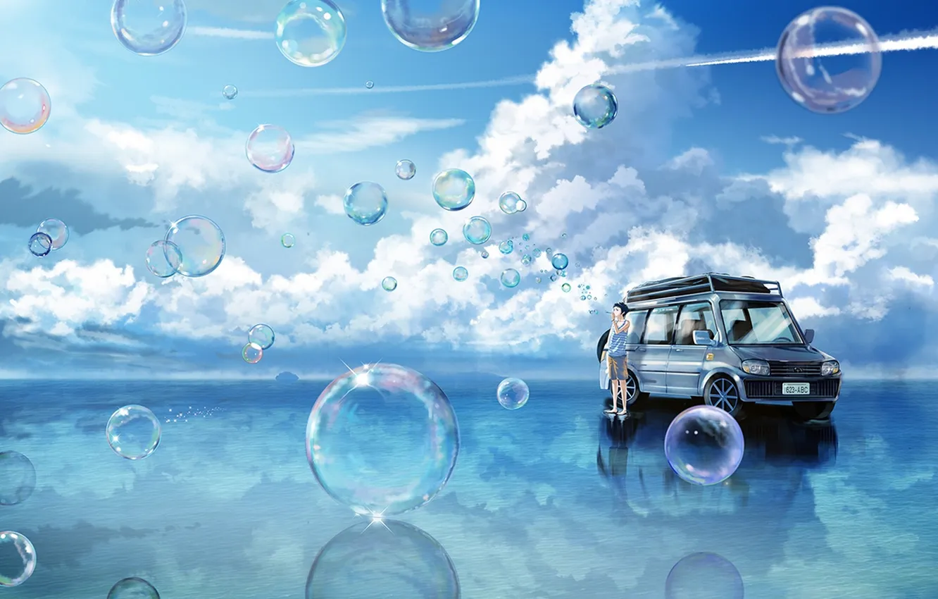 Фото обои машина, небо, вода, облака, отражение, пузыри, аниме, арт