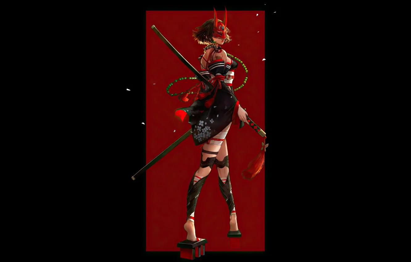 Фото обои red, girl, sword, fantasy, black, horns, legs, minimalism