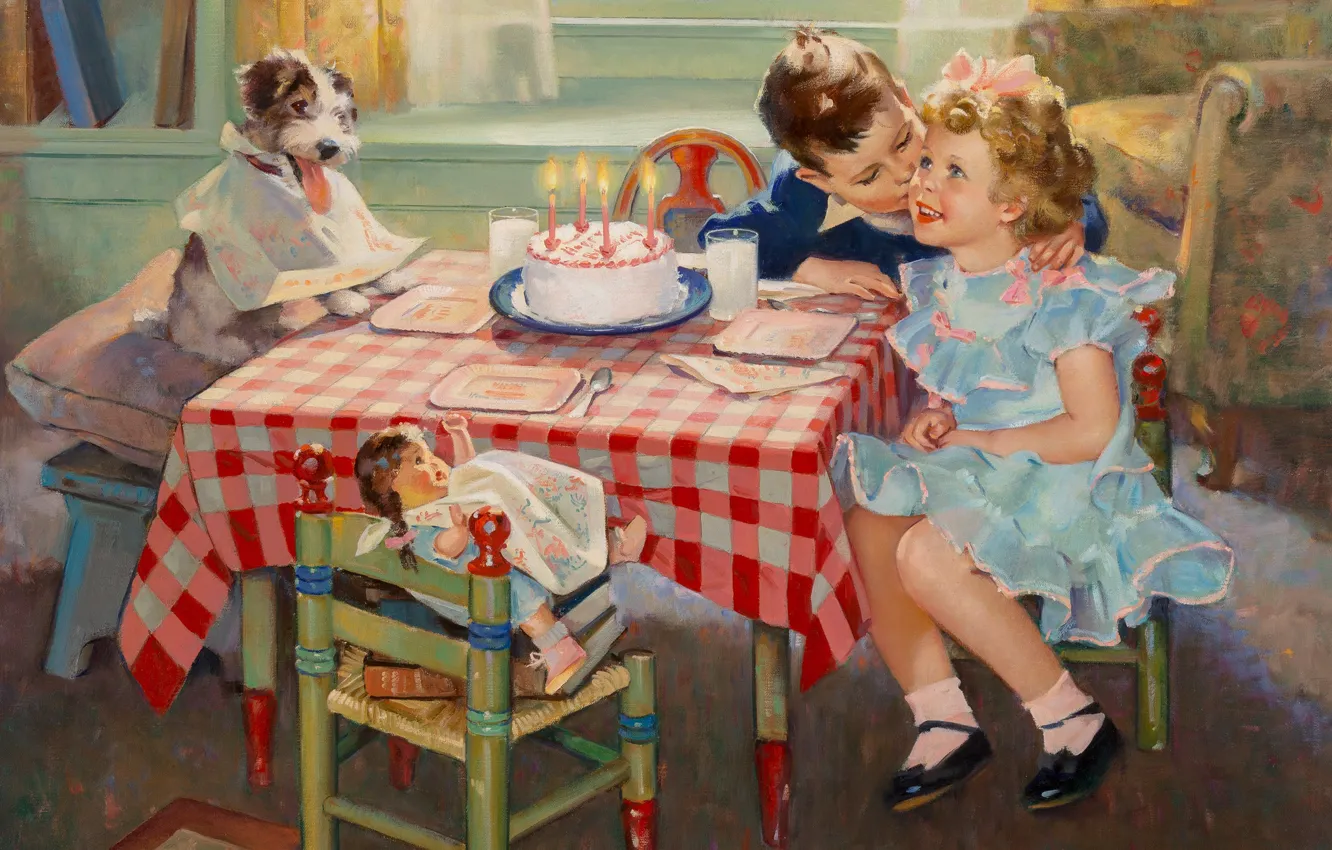 Фото обои American painter, американский художник, oil on canvas, Поцелуй на день рождения, Birthday Kisses, Фредерик Сэндс …