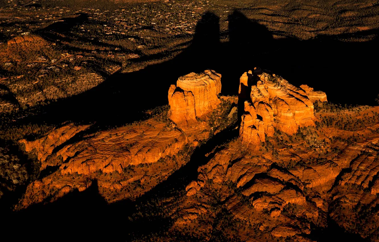 Фото обои закат, горы, скалы, тень, Аризона, США, Катедрал Рок