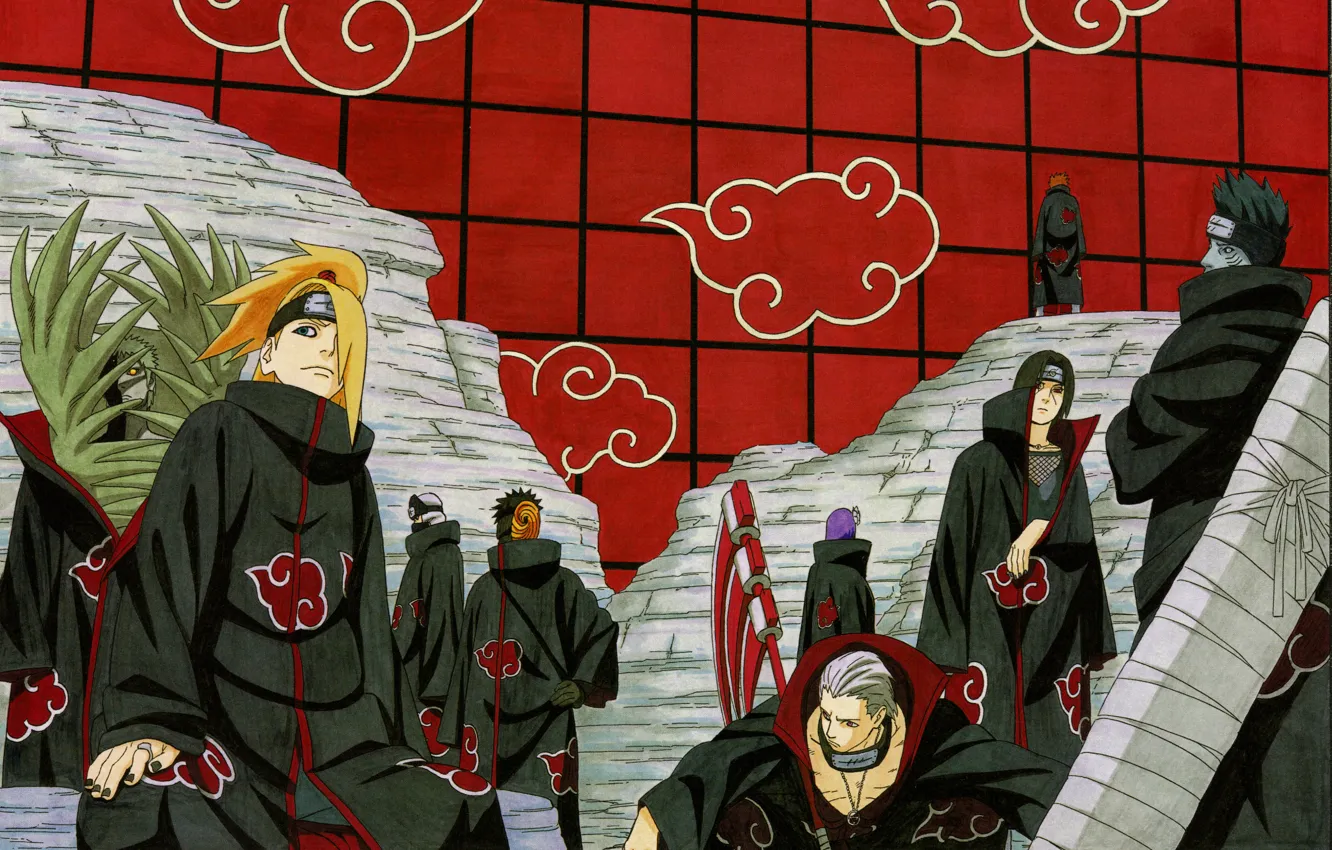 Фото обои стена, эмблема, Itachi, ninja, Akatsuki, Deidara, Yahiko, Naruto Shippuden