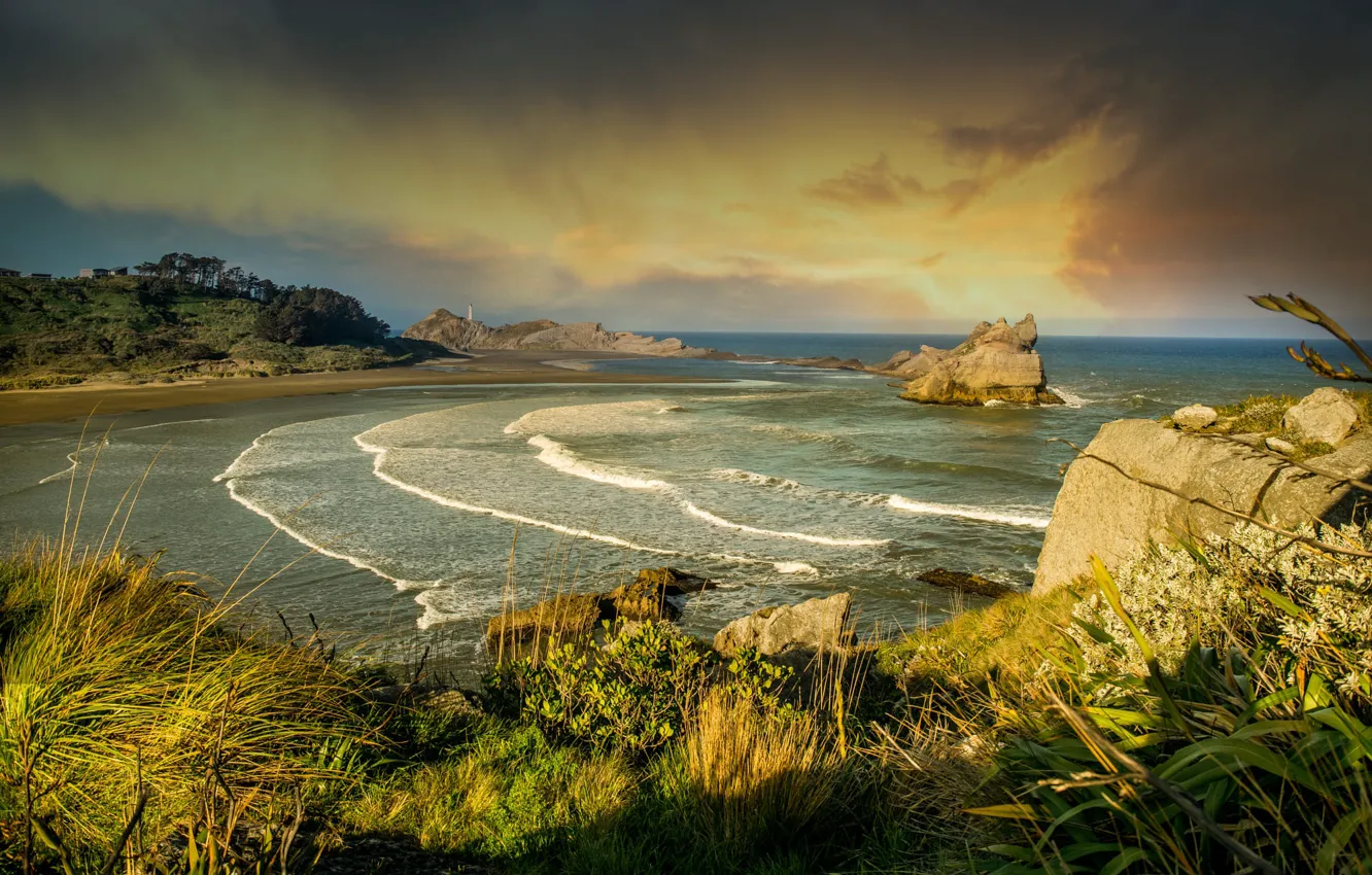 Фото обои пейзаж, природа, камни, океан, скалы, берег, растительность, Новая Зеландия