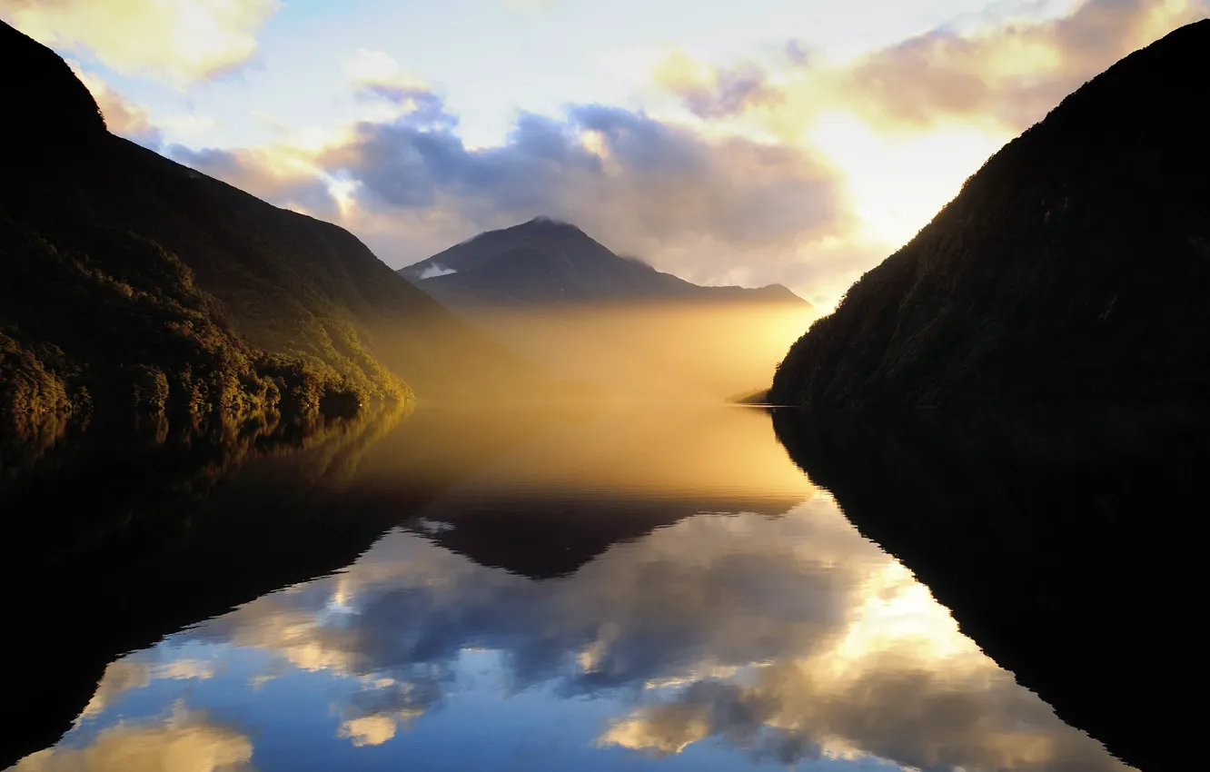 Фото обои облака, горы, туман, озеро, новая зеландия