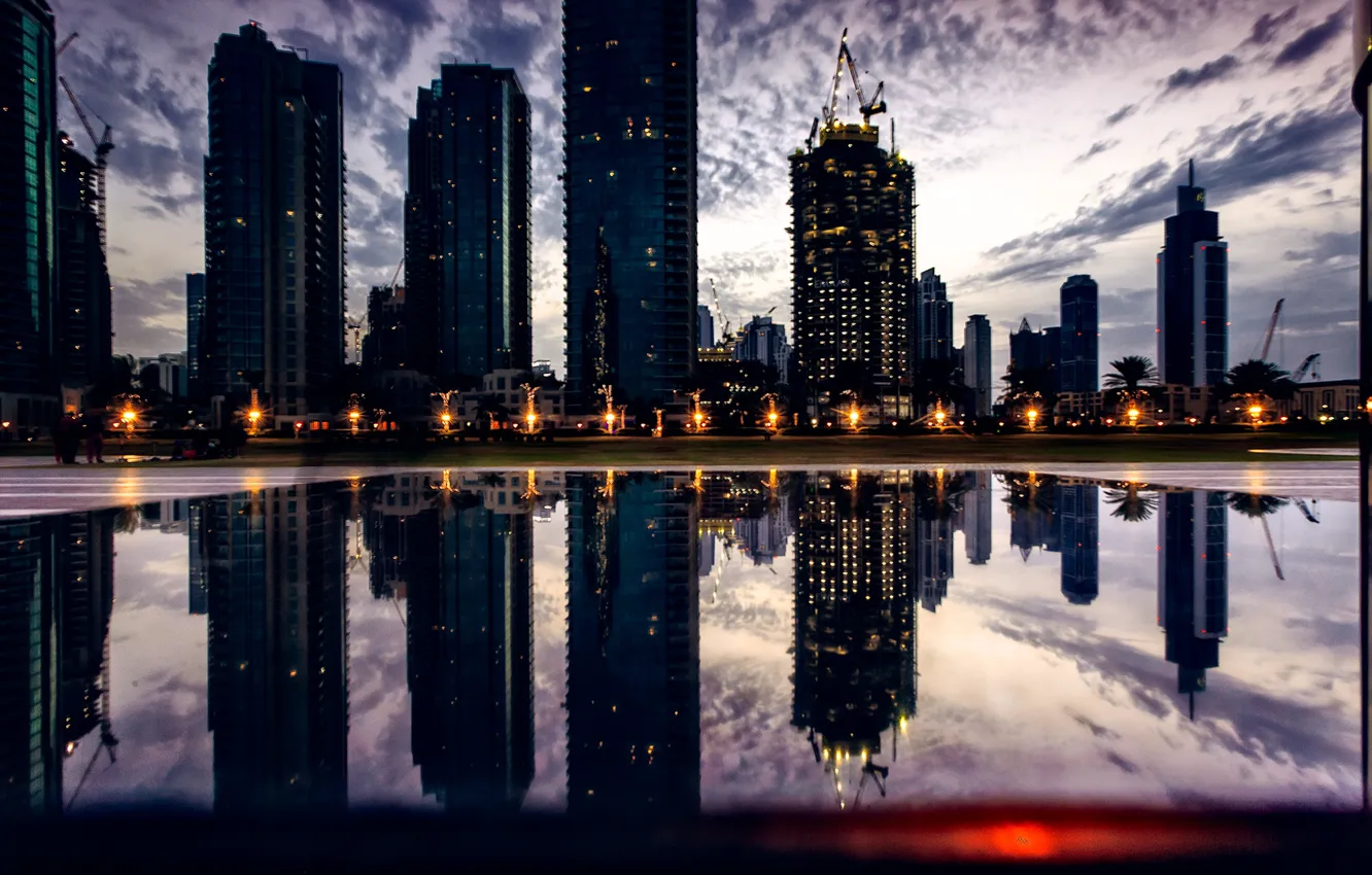 Фото обои city, lights, Dubai, twilight, sky, sunset, photographer, water