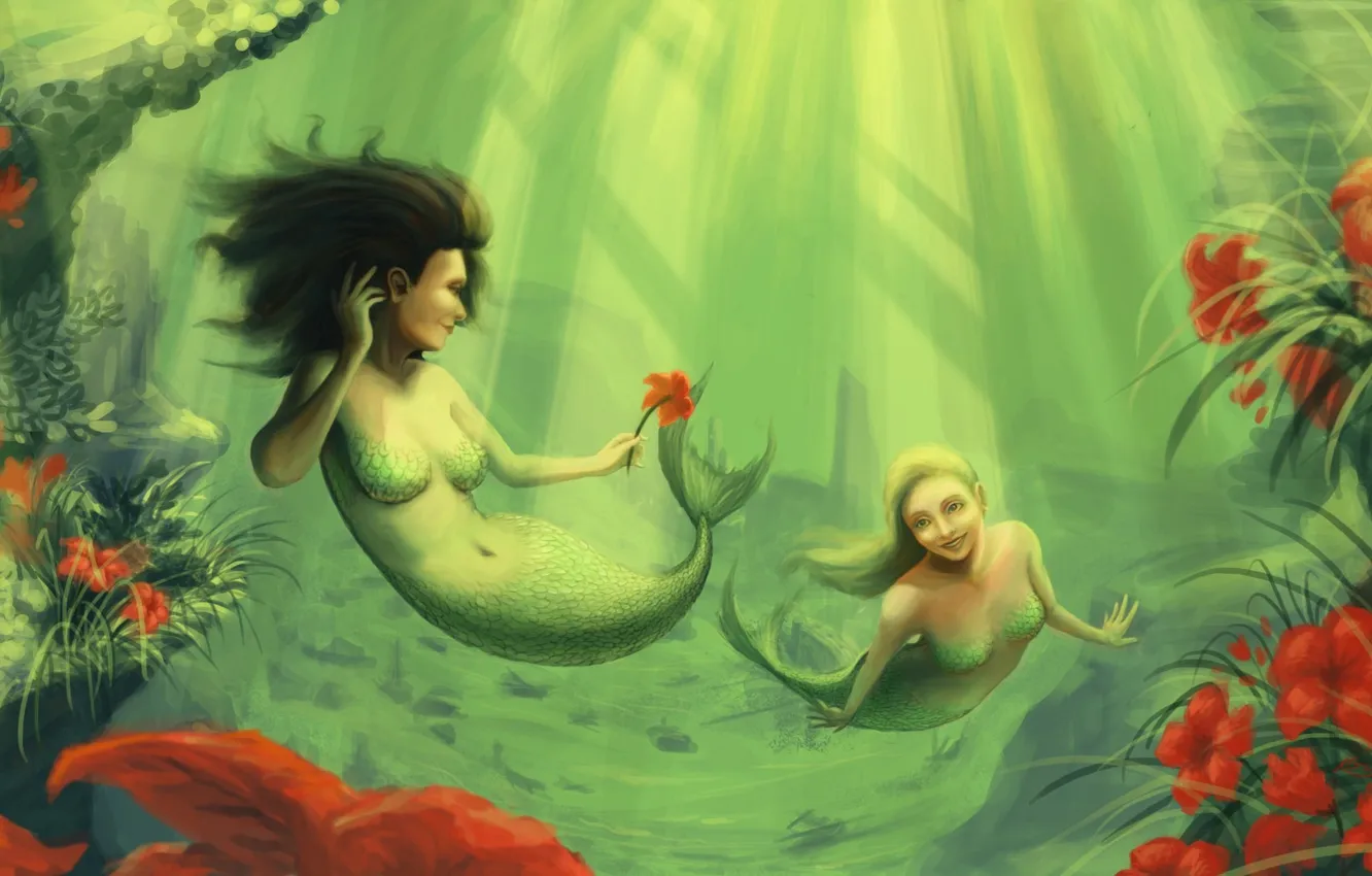 Фото обои цветок, девушки, чешуя, фэнтези, арт, подводный мир, русалки, под водой