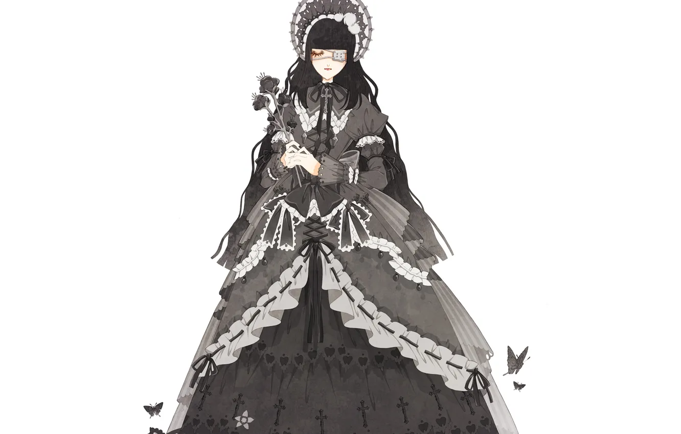 Фото обои девушка, бабочки, кресты, повязка, пышное платье, Gothic Lolita, готическая лолита, черные цветы