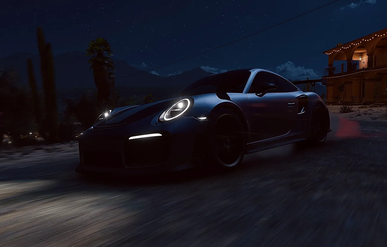 Фото обои HDR, Porsche, Light, Stars, Mountain, Night, Game, Moonlight