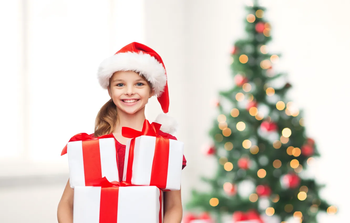 Фото обои дети, елка, ребенок, девочка, подарки, Новый год, happy, улыбки