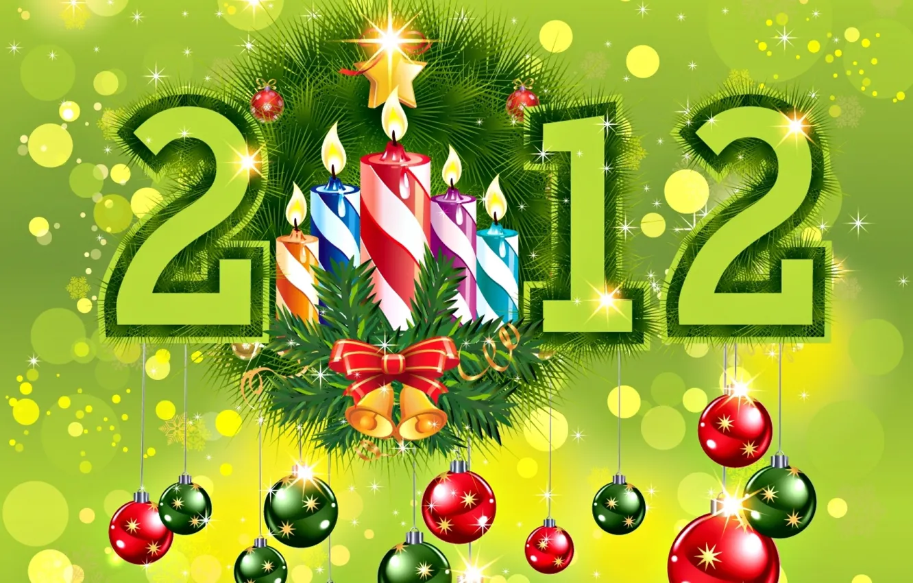 Фото обои зеленый, праздник, игрушки, елка, новый год, ель, 2012, колокольчик
