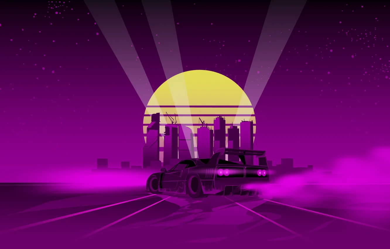 Фото обои Солнце, Музыка, Город, Силуэт, Фон, Ferrari, 80s, Neon