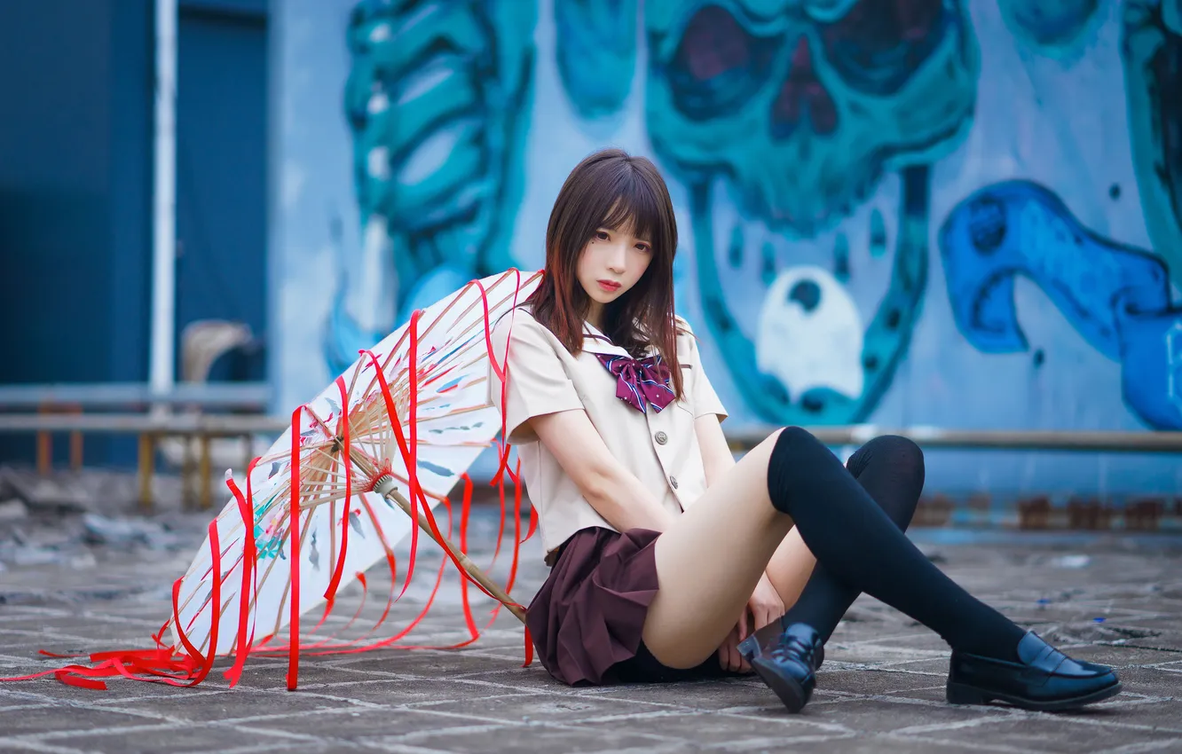 Фото обои Asian, school uniform, long hair, legs, model, women, urban, socks