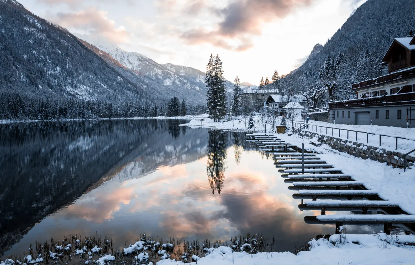 Фото обои зима, лес, снег, горы, берег, Бавария, Альпы, домик