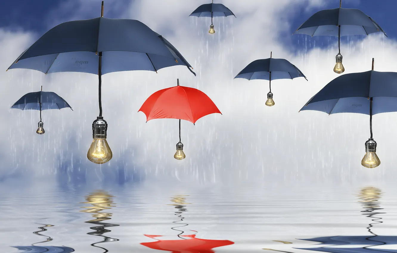 Фото обои вода, отражение, дождь, зонтики, зонты, лампочки
