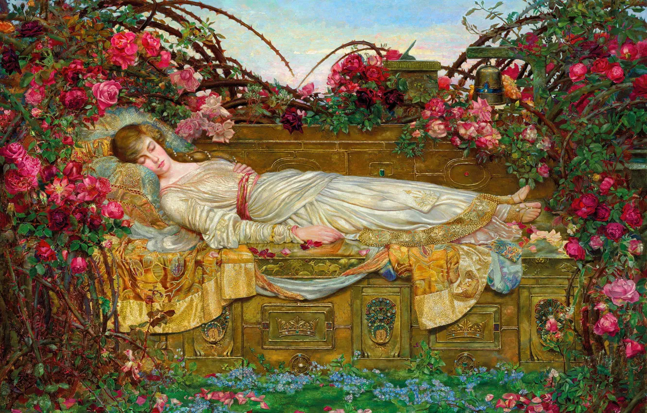 Фото обои Цветы, Девушка, Спит, Картина, Спящая красавица, Арчибальд Уокли, Archibald Wakley, Британский живописец