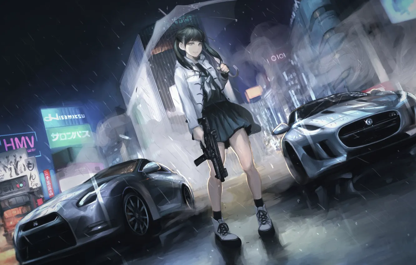 Фото обои девушка, машины, оружие, зонт, Art, terabyte, rook777