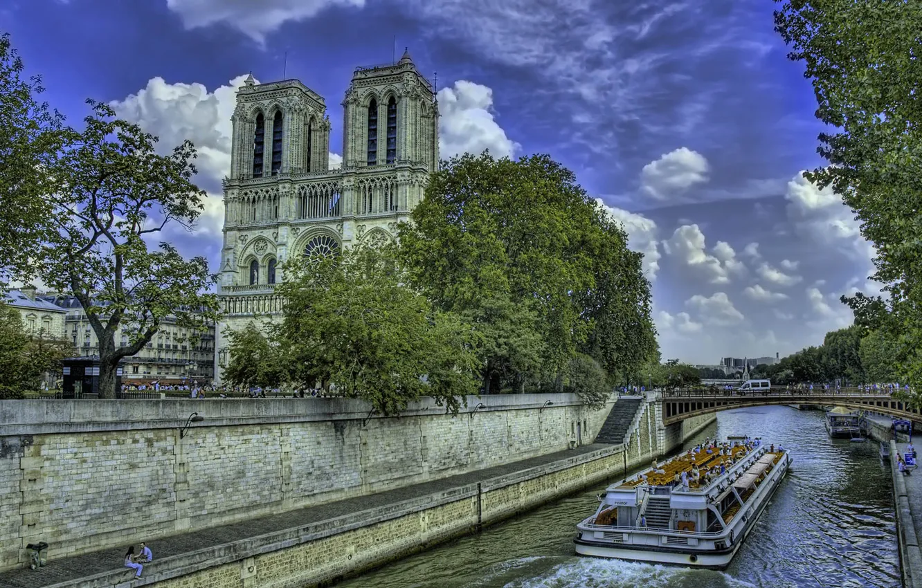 Фото обои деревья, река, Париж, Сена, собор, набережная, Нотр-Дам