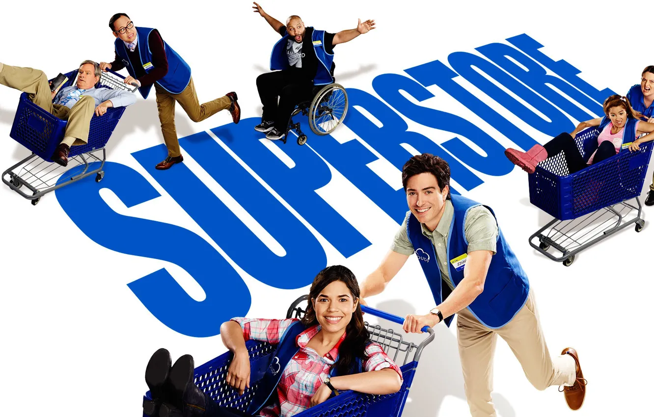 Фото обои взгляд, сериал, актеры, улыбки, Фильмы, Супермаркет, Superstore