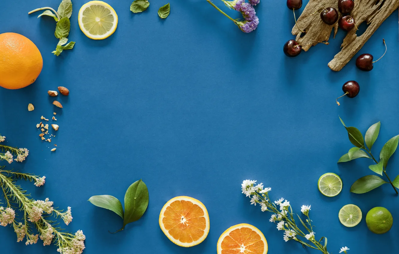 Фото обои цветы, синий, вишня, фон, апельсин, лайм, фрукты, дольки