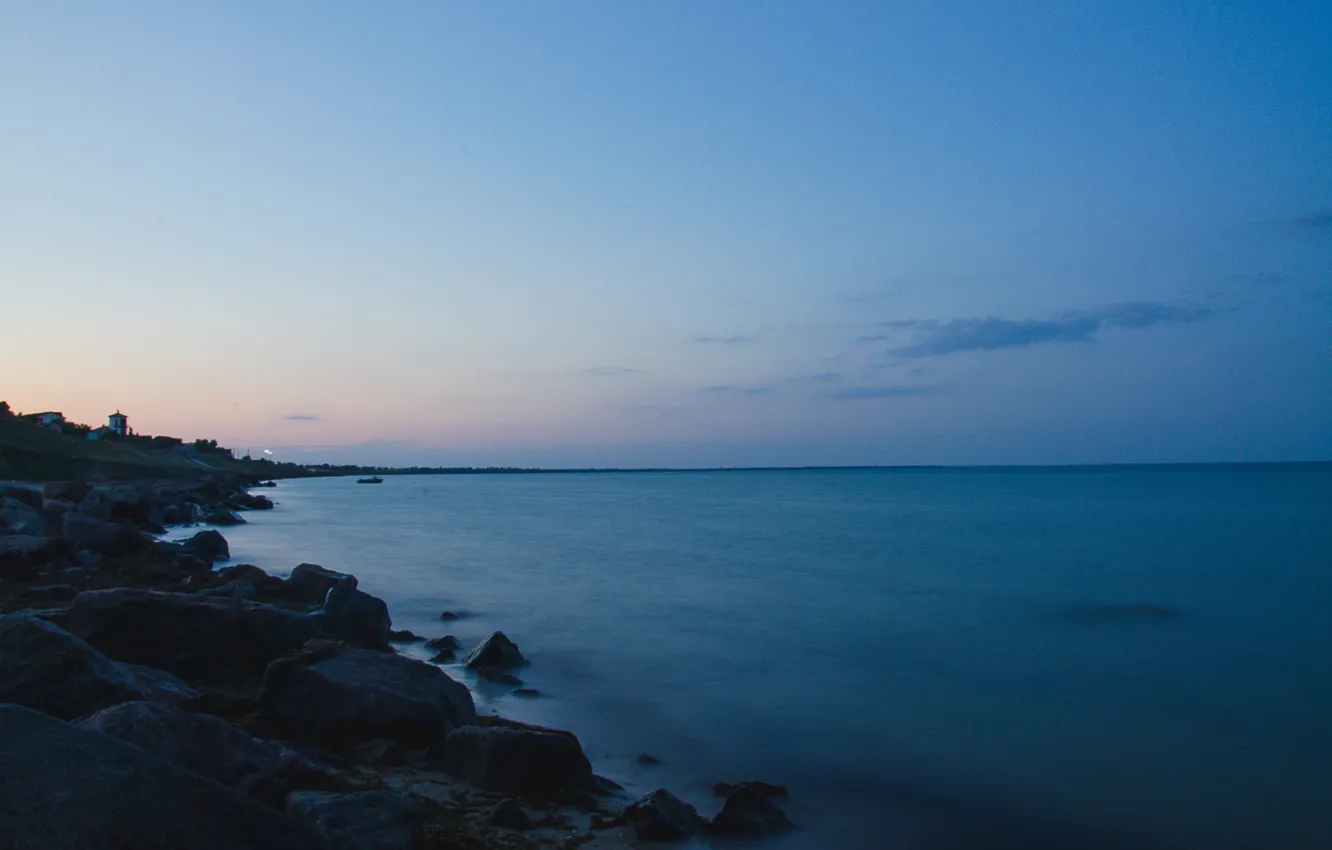 Фото обои море, пейзаж, закат, берег, вечер, выдержка