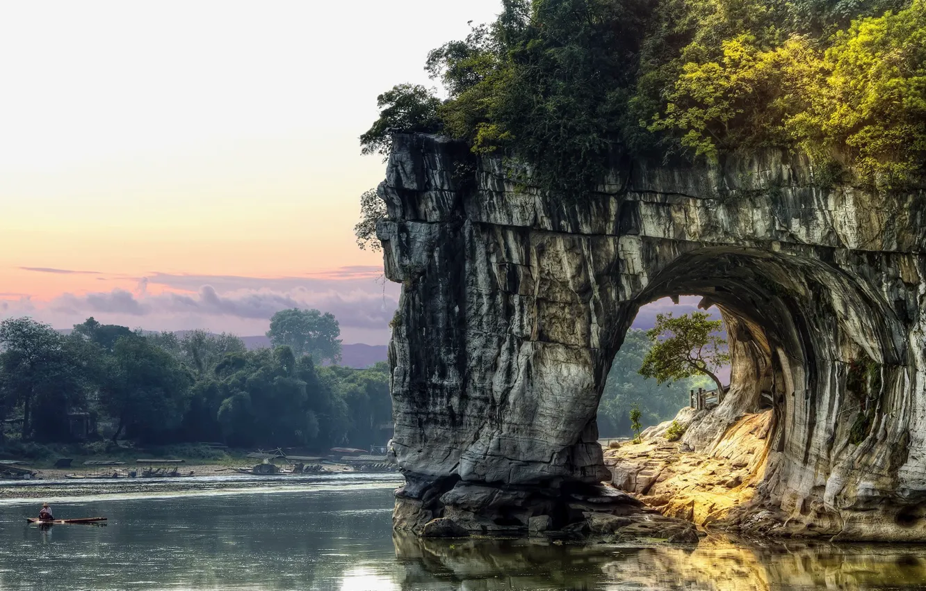 Фото обои China, rock, sky, trees, landscape, nature, water, clouds