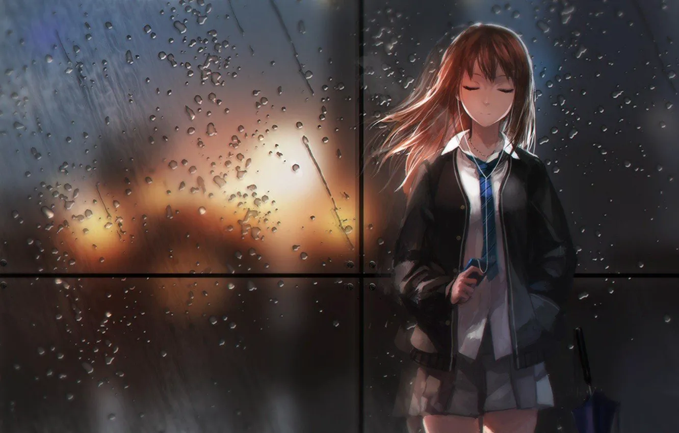 Фото обои стекло, девушка, дождь, аниме