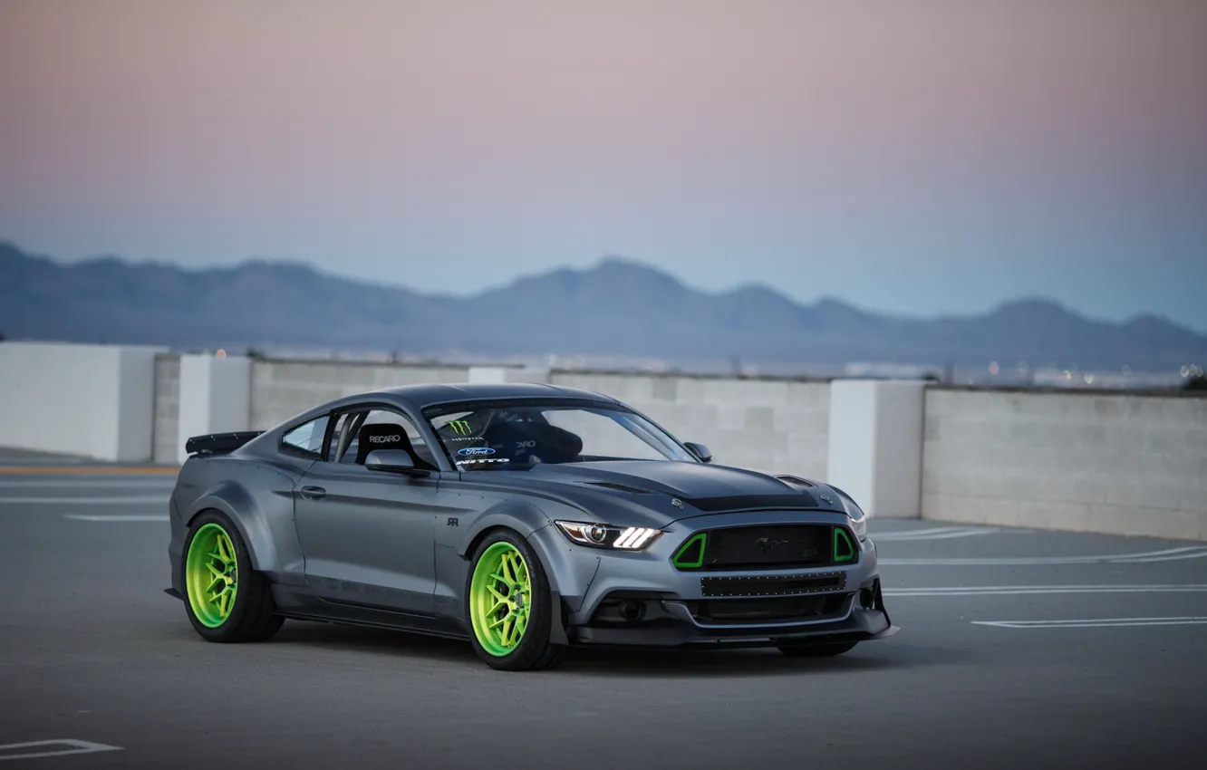 Фото обои Mustang, Ford, Green, Front, RTR, Monster Energy, Wheels, 2015