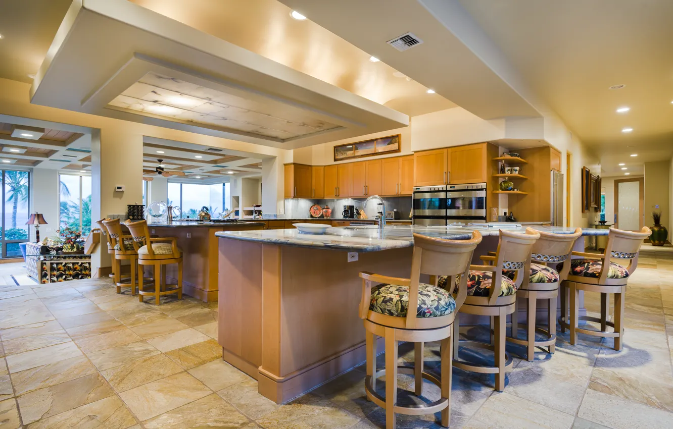 Фото обои стулья, интерьер, кухня, interior, home, kitchen, техника.